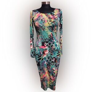 Good Time USA Bodycon Midi Dress Long Sleeve Multicolor Abstract Print Size S
